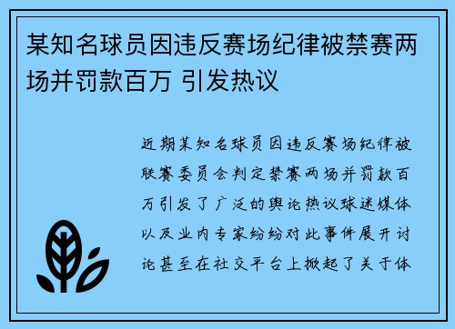 某知名球员因违反赛场纪律被禁赛两场并罚款百万 引发热议