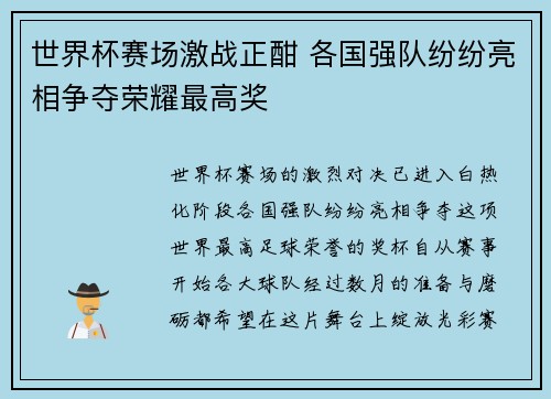 世界杯赛场激战正酣 各国强队纷纷亮相争夺荣耀最高奖 世界杯赛场激战正酣 各国强队纷纷亮相争夺荣耀最高奖